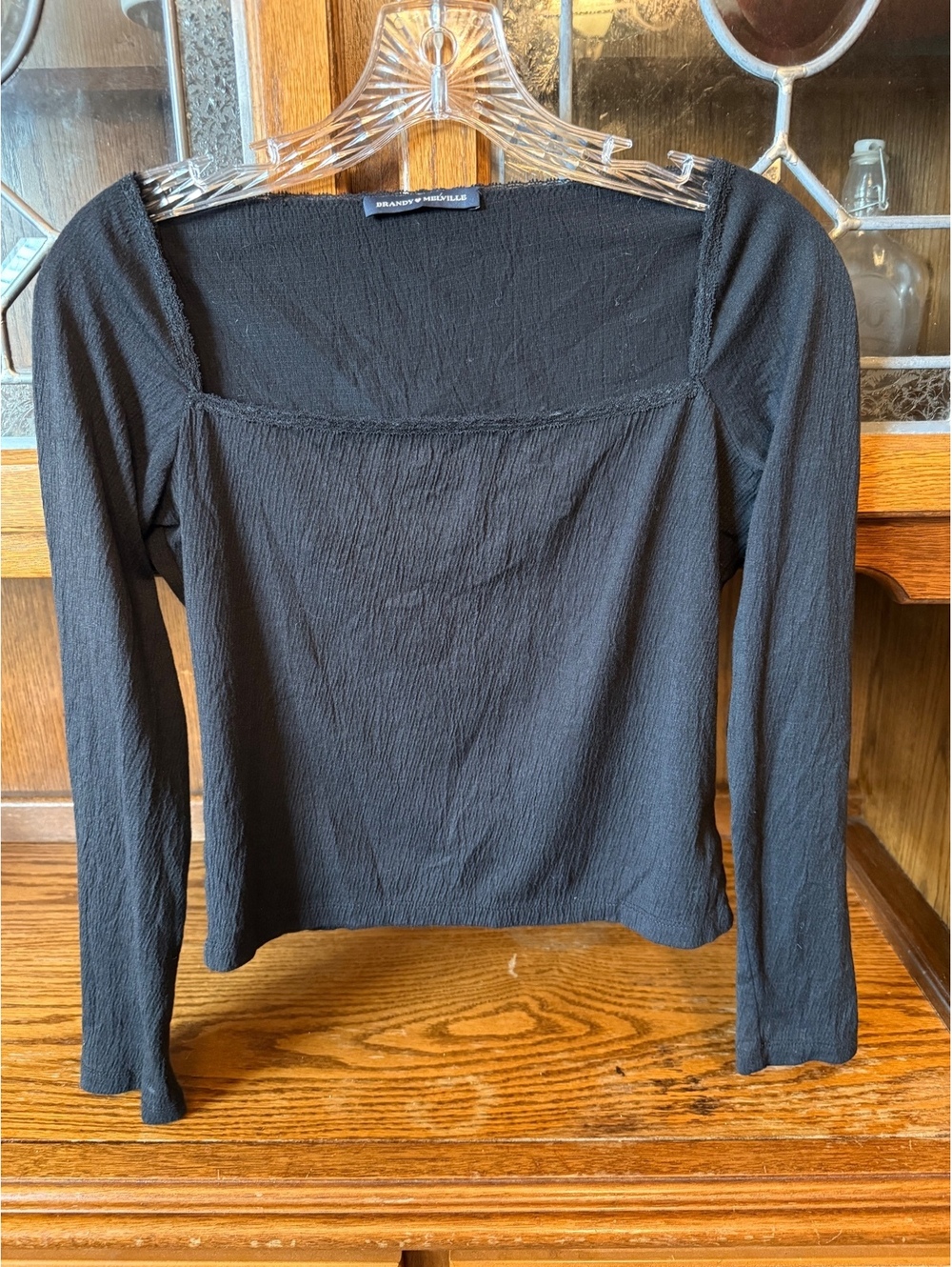 Brandy Melville Black Square Neck Long Sleeve Top Lace Trim OS fits like S
